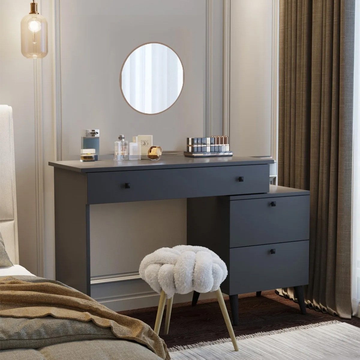 Pure Anthracite 115 CM Komidinli Antrasit Makyaj Masası, MDF