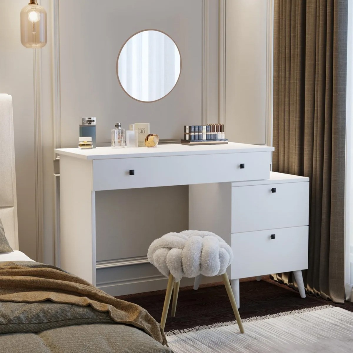 Pure White 115 CM Komidinli Beyaz Makyaj Masası, MDF