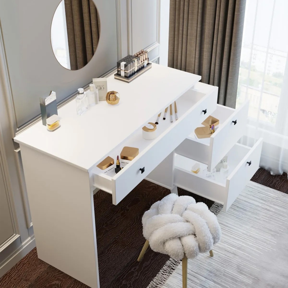 Pure White 115 CM Komidinli Beyaz Makyaj Masası, MDF