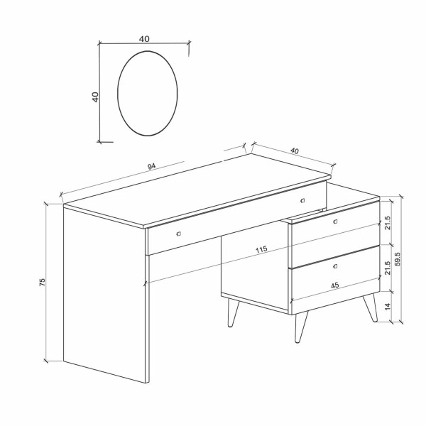 Pure White 115 CM Komidinli Beyaz Makyaj Masası, MDF