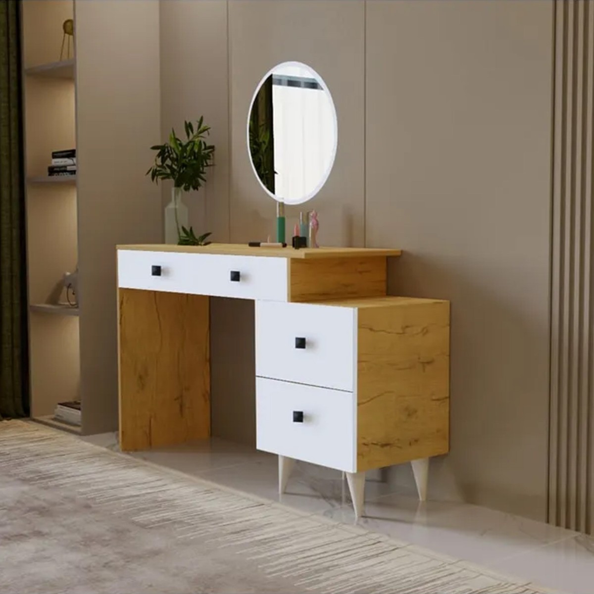 Sapphire Oak 115 CM Komidinli Safir Meşe Beyaz Makyaj Masası, MDF