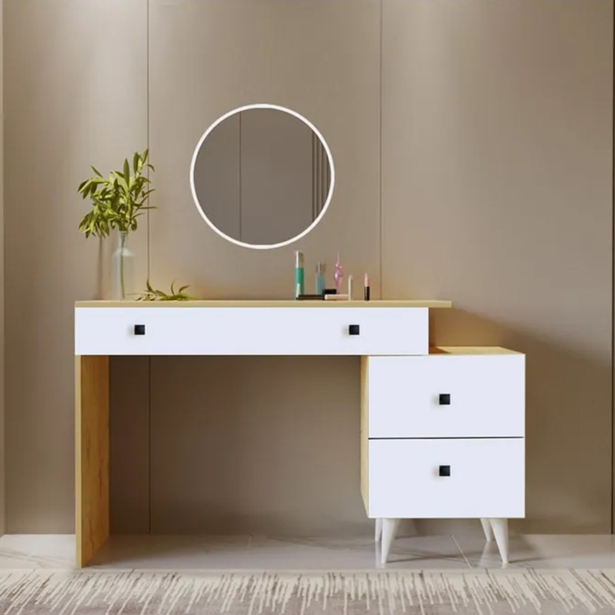 Sapphire Oak 115 CM Komidinli Safir Meşe Beyaz Makyaj Masası, MDF