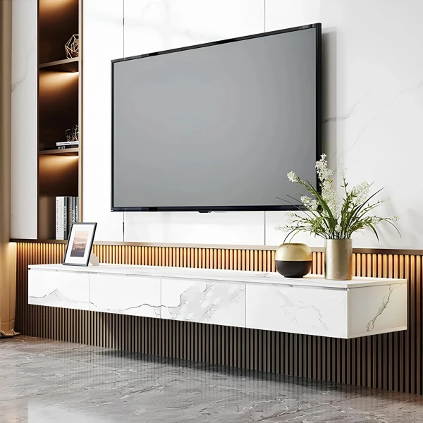 White Marble Beyaz Mermer Görünümlü 240 CM TV Ünitesi, MDF