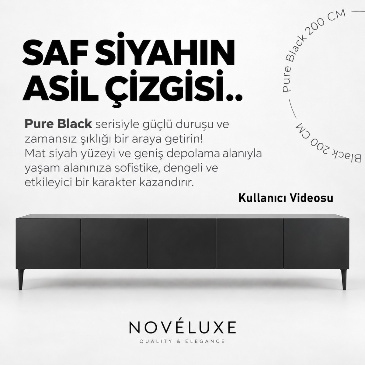 Pure Black 200 CM Siyah TV Ünitesi, MDF